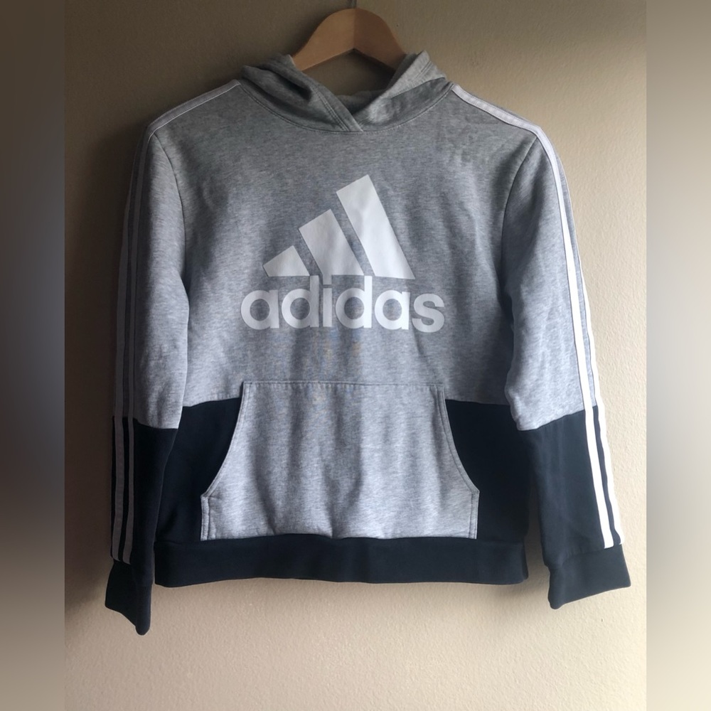 Adidas Kids Hoodie Cotton Sweater Gray Pullback Long Sleeve Size M 10/12